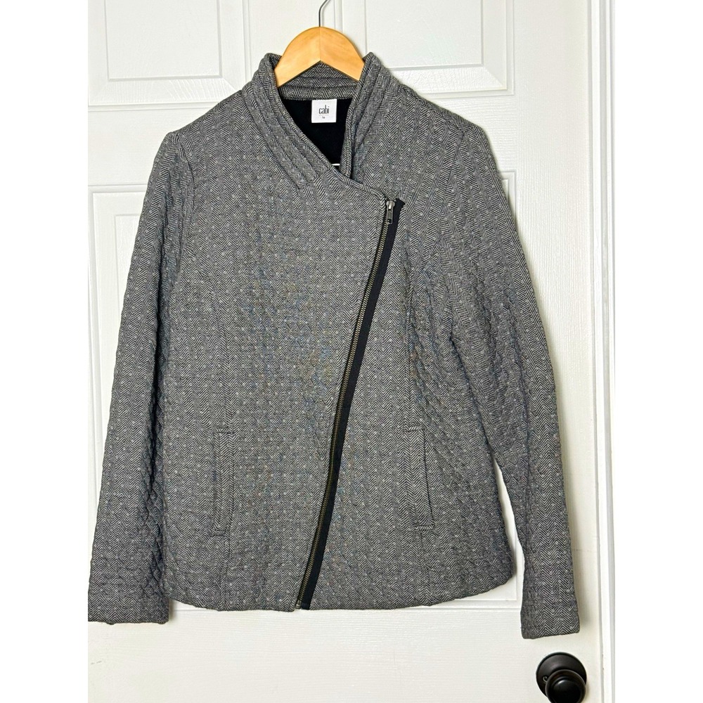 CAbi Gray Herringbone Wool Blend Asymmetrical Zip Jacket w/ Pockets Size M